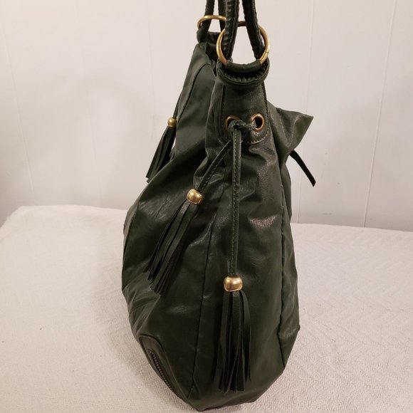 BUENO Green Slouchy Tote Bag Sz Large Vegan Leather Tassels Zippers *NOTE issues - Picture 3 of 16
